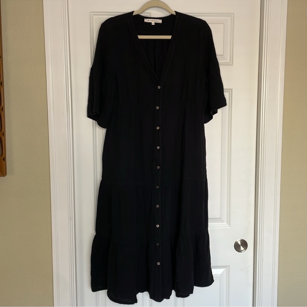 Xirena Tired Kendall Black Crinkle Gauze Midi Dress Size Small Button Front - Picture 7 of 10